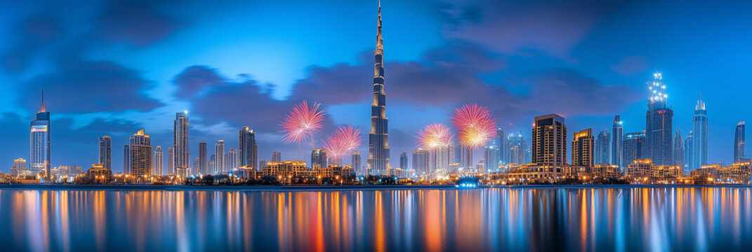 Dubai Skyline with Burj Khalifa and Fireworks at Night