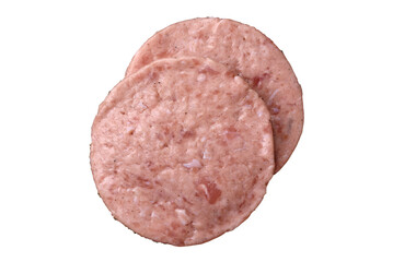 Raw chicken burger cutlet with salt, spices and herbs