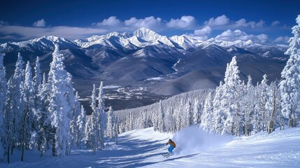 Fototapeta premium Skier carving through fresh powder on slope
