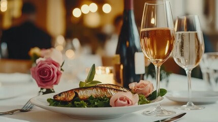 Fototapeta premium Romantic Dinner Smoked Fish Wine Roses Elegant Table Setting