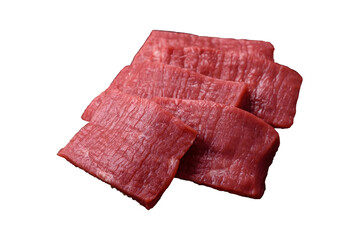 Juicy raw beef cut into slices with salt and spices