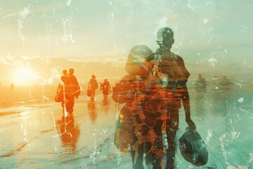 a group of people crossing a barren and polluted landscape, with smoke rising from nearby factories