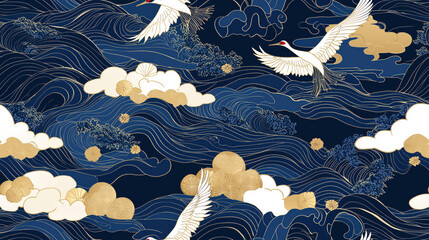 A blue and gold background with birds flying in the sky