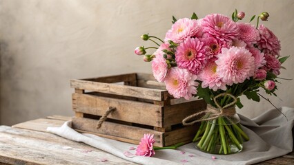 Pink flower bouquet placed on a rustic wooden crate in front of a plain sheet of paper, vintage charm, decorative accessories, pink flowers,
