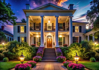 Night Photography of a Traditional Southern Colonial House Entrance with Elegant Lighting and Classic Architecture, Lush Landscaping, and a Serene Atmosphere