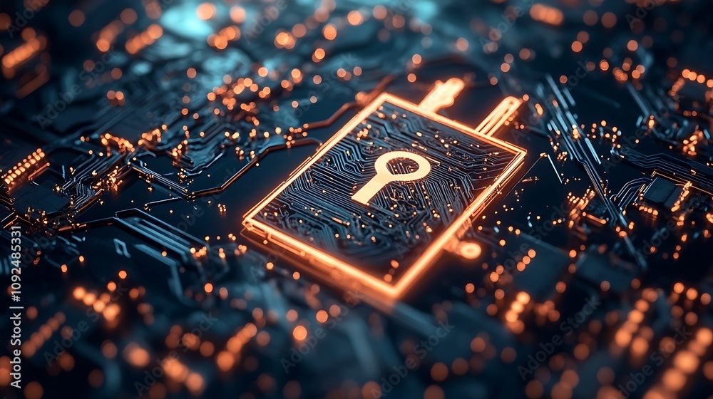Poster illuminated key symbol embedded within a circuit board's intricate network