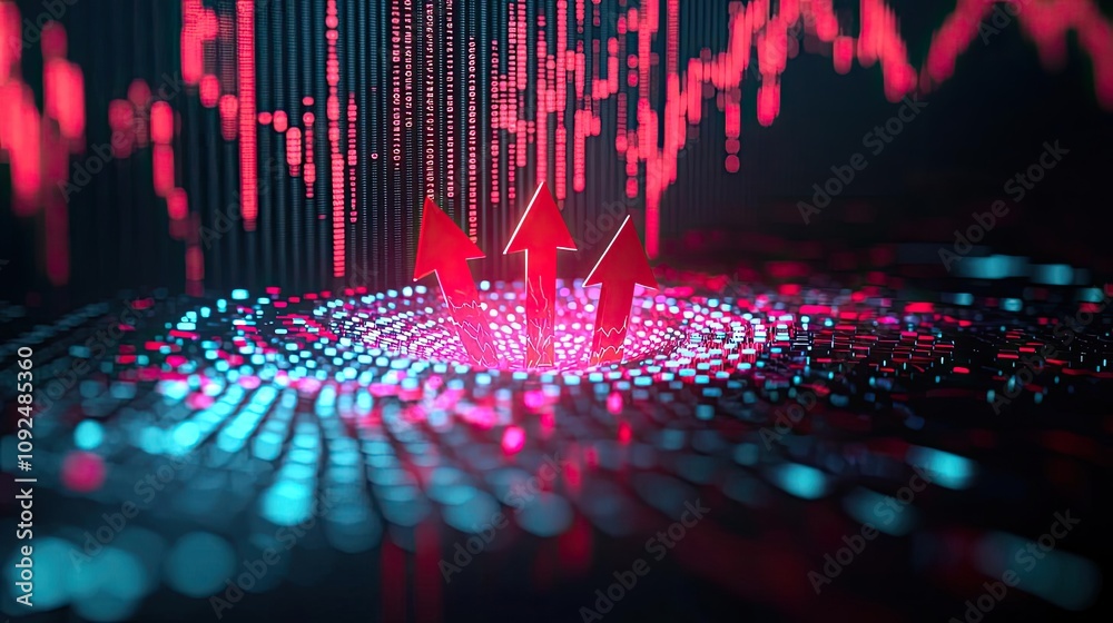 Poster Dynamic data visualization with arrows and glowing points in dark background.