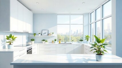 Fototapeta premium Spacious white kitchen with large windows and green plants