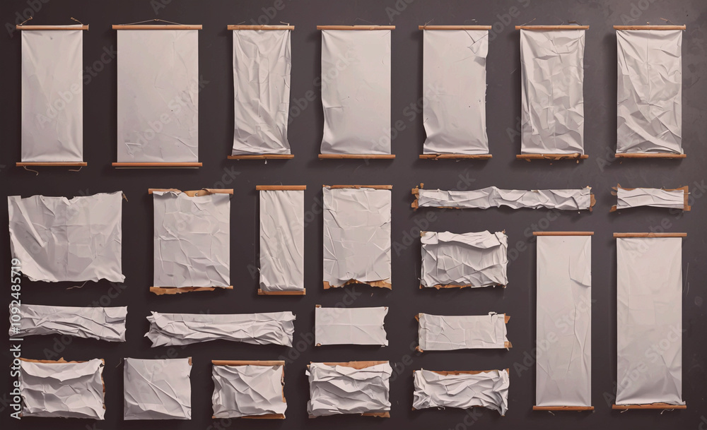 Poster Collection of torn paper with a variety of sizes and shapes. Some are small and some are large