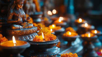 Hindu devotees gather at an ancient temple, light oil lamps and offer prayers in front of a statue of Dattatreya decorated with marigold flowers, Ai generated images