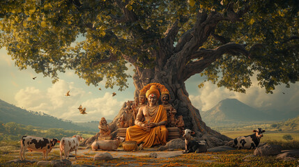 Dattatreya Jayanti, a representation of Lord Dattatreya with three heads and six arms, seated under a large banyan tree, surrounded by cows, dogs and birds, Ai generated images
