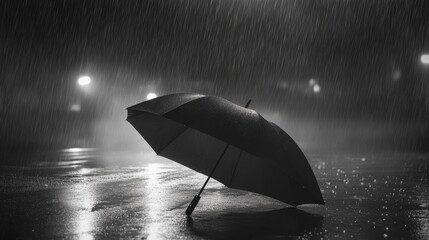 A lone black umbrella lies abandoned on a rain-soaked road, capturing the essence of solitude and melancholy in a dreary atmosphere
