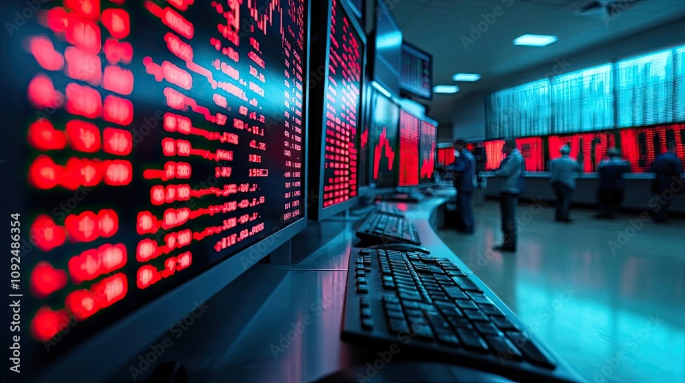 Poster High-tech trading room with screens displaying data and statistics.