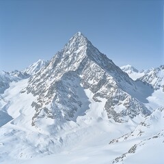 Obraz premium Majestic snow-covered peaks towering against a clear blue sky, showcasing the pristine beauty of winter landscapes, with subtle sparkles on the snows surface reflecting sunlight. Product photography