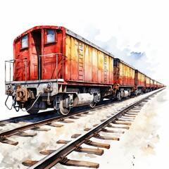 Obraz premium Red freight train wagons on railway track. Watercolor illustration on white background. Industrial transportation and cargo concept for design and print.