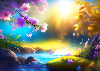 Obraz premium Spring background with flowers, leaves and water drops. 3d render