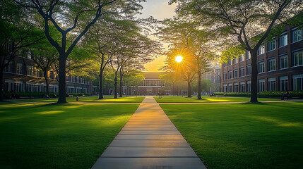 Obraz premium Serene Sunrise in College Campus Greenery