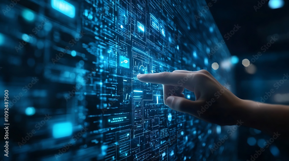 Poster hand interacting with a futuristic digital interface showing data streams