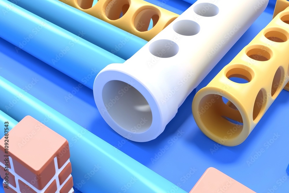 Poster A blue backdrop featuring an array of multicolored geometric shapes and objects. 3D rendering.