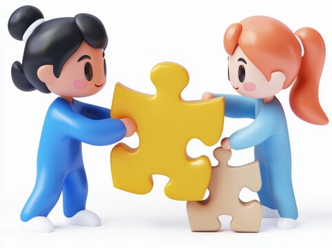 recommend clip art: Two men assembling a puzzle in a 3D rendered illustration.