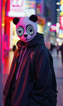 A man in a panda mask stands in front of a neon sign