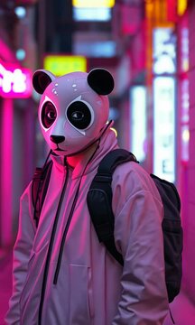 A man in a panda mask stands in front of a neon sign