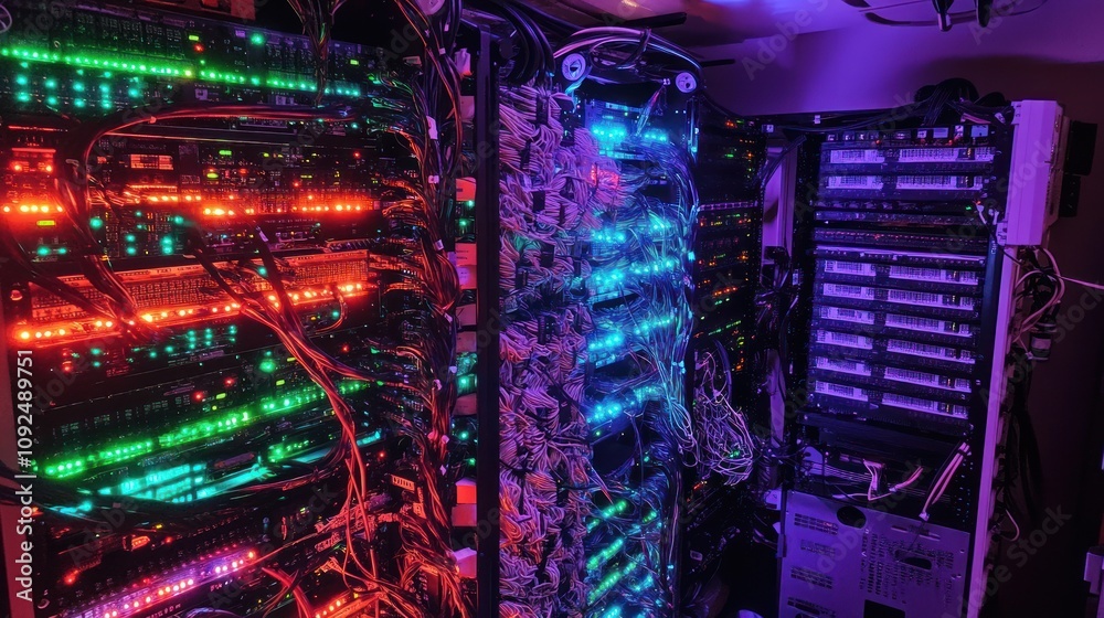 Poster Illuminated Network Server Racks With Complex Wiring