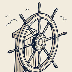 Vector illustration of a ship's wheel, symbolizing navigation and maritime adventure, set against a simple background.