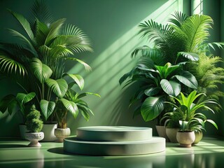 Obraz premium Serene Tropical Scene with Green Plants and Shadows on Round Pedestal, Perfect for Tranquil Settings and Nature-Inspired Decor