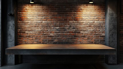 Industrial Style Empty Table with Solid Surface in Front of Textured Brick Wall and Modern Lighting Fixtures for Home or Office Decoration Ideas