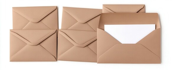 A collection of brown kraft envelopes, some closed and one open, displaying a blank white inner envelope.