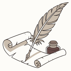 An ancient scroll rests beside a quill and inkwell, symbolizing the art of writing and historical documentation.