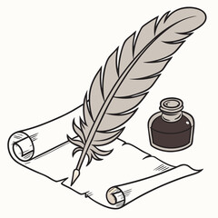 An ancient scroll rests beside a quill and inkwell, symbolizing the art of writing and historical documentation.