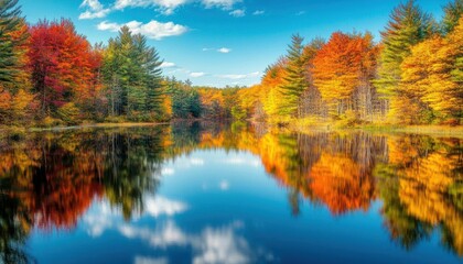 A serene autumn landscape reflecting vibrant colors in a calm lake.