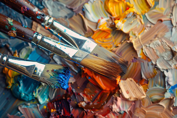 Generative AI image of talented artist passionately painting with vibrant colors on a large canvas in an art studio