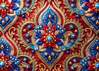 Exquisite Ornate Fabric Embellished with Brilliant Blue and Red Gemstones, Perfect for Luxury Textiles and Elegant Home Decor, Capturing Rich Patterns and Textures