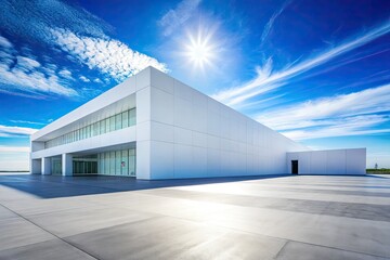 Obraz premium Large Empty White Building Under Clear Blue Sky - Minimalist Architecture, Serenity, Modern Design, Outdoor Spaces, Urban Landscape, Architectural Photography, Tranquility, Bright Atmosphere.