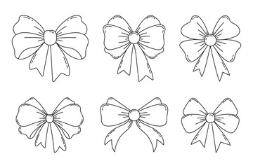 Fototapeta premium Hand draw outline bow collection isolated on white background. Line art bow coquette and ribbons set for gift wrapping 