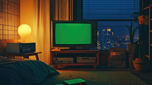 Cozy living room with vintage television set green screen, nostalgic atmosphere. Collection old media scattered on floor. Old retro box tv with mock up, chroma key template. Empty mockup, blank space.