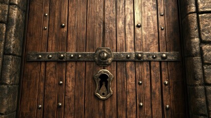 A close-up of a wooden door with metal accents and a keyhole.