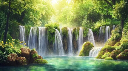 A serene waterfall surrounded by lush greenery and vibrant flora.