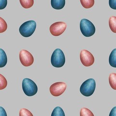 Fototapeta premium Peacock Blue and Pink Easter Egg on Gray Background Seamless Pattern