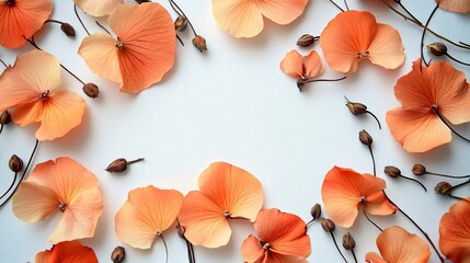 Artistic flat lay with faded orange flower petals and slender brown buds placed on a white canvas, highlighting texture and simplicity