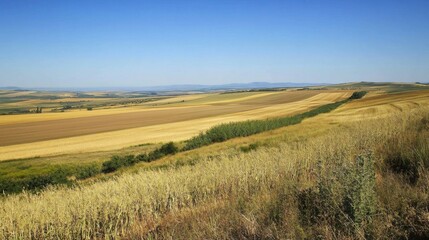 Fototapeta premium Landscape with wheat field and blue sky.