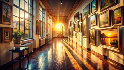 Fototapeta premium Sunlit Hallway with Artwork in Tilt-Shift Photography - Artistic Decor, Warm Light, Interior Design, Narrow Passage, Gallery Vibes, Creative Space, Home Decor Inspiration, Modern Aesthetics