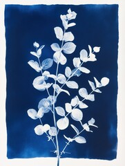 Artistic cyanotype illustration of a botanical plant in deep blue tones with vintage aesthetic