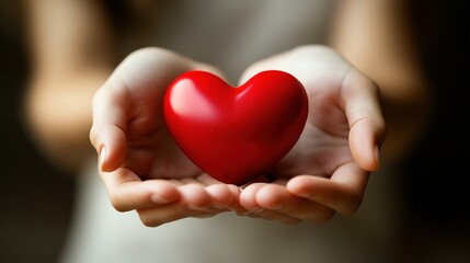 Fototapeta premium Woman's hands holding a red heart, symbolizing happiness, health care, hope, and gratitude, perfect for concepts like World Heart Day, family insurance, and Valentine's Day.