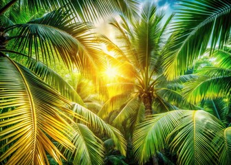 Sunlit Palm Leaves in Tropical Paradise - Long Exposure Photography of Golden Glow through Fronds