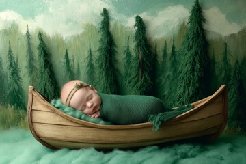 Serene Newborn in Canoe Surrounded by Enchanting Forest Backdrop: Capturing Peaceful Slumber in Nature-Inspired Setting