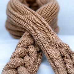 A close-up shot of a chunky knitted winter scarf, revealing its intricate stitching and warm, inviting texture. The high-resolution capture emphasizes the softness and warmth associated with winter